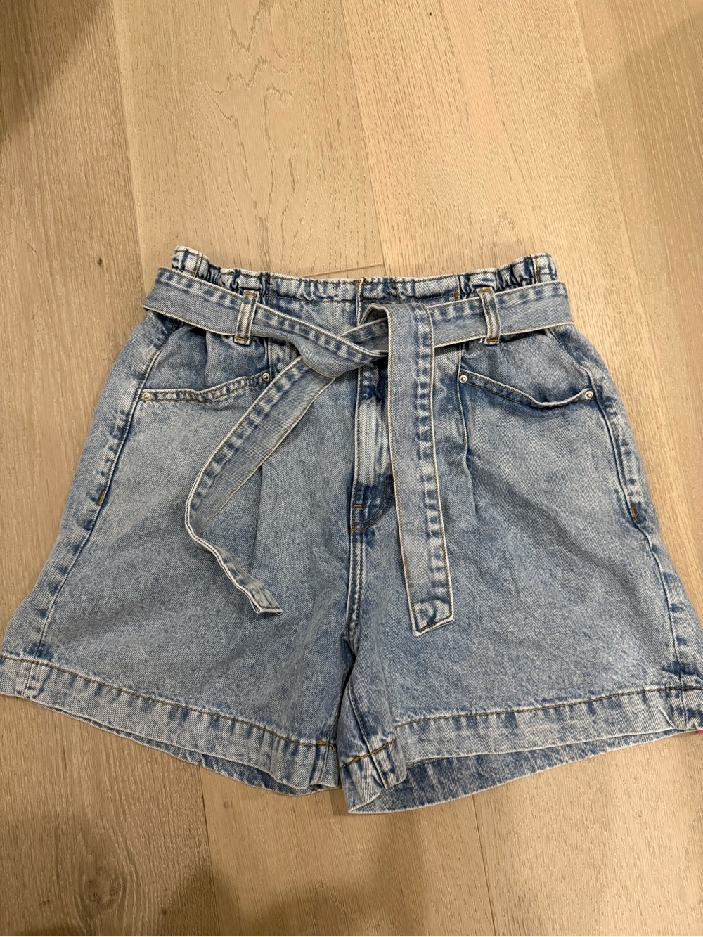 Mango Light Blue High-Waist Denim Shorts with Tie Belt